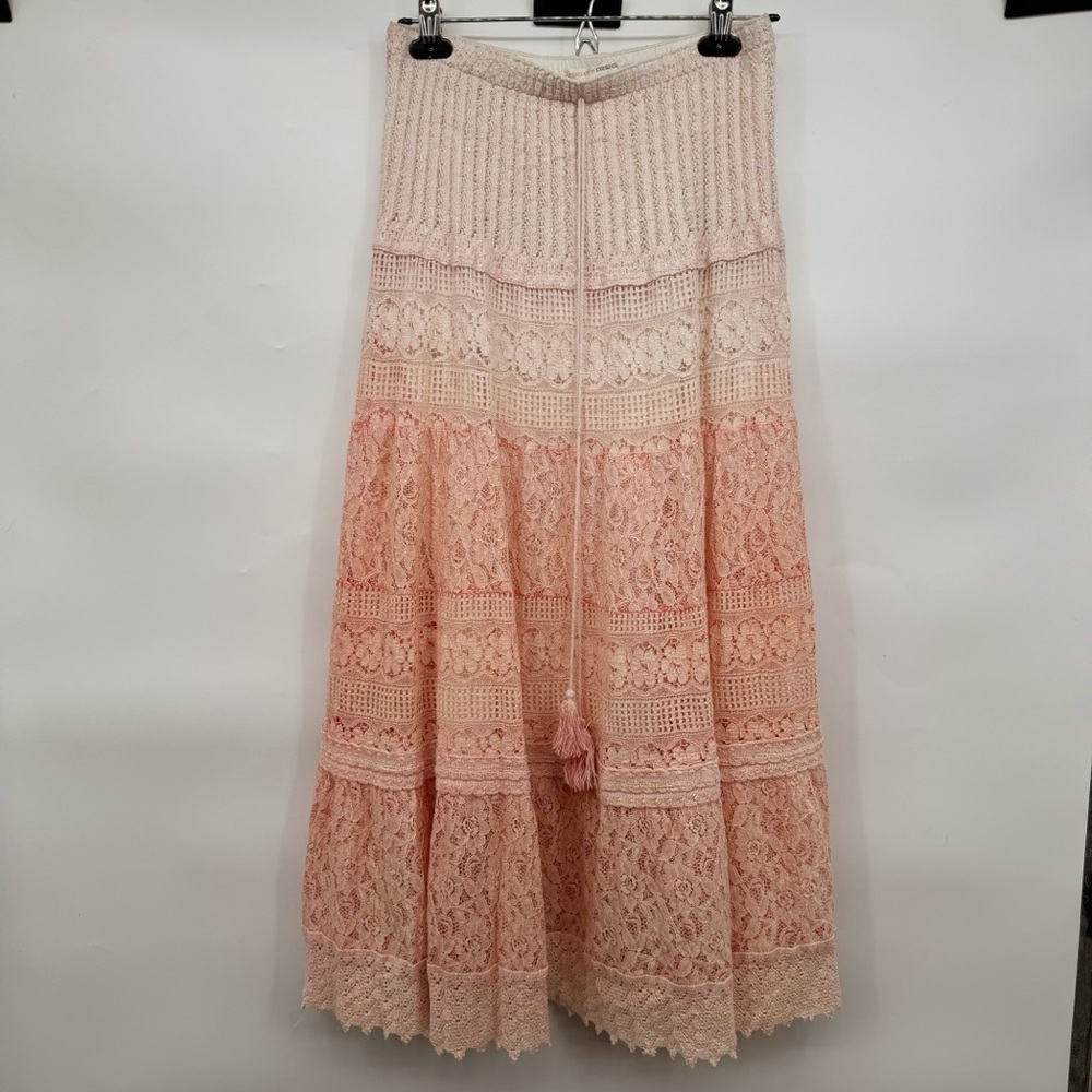 Today’s Designer Pink Ombré Cottagecore Prairie Crochet Lace Tier Ruffle Skirt M